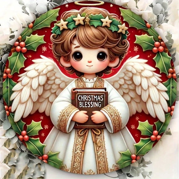 Vintage 7.8" Round Christmas Metal Sign Angel & Holly Design - Front Door Porch Room Decor Perfect Gift for Friends Family
