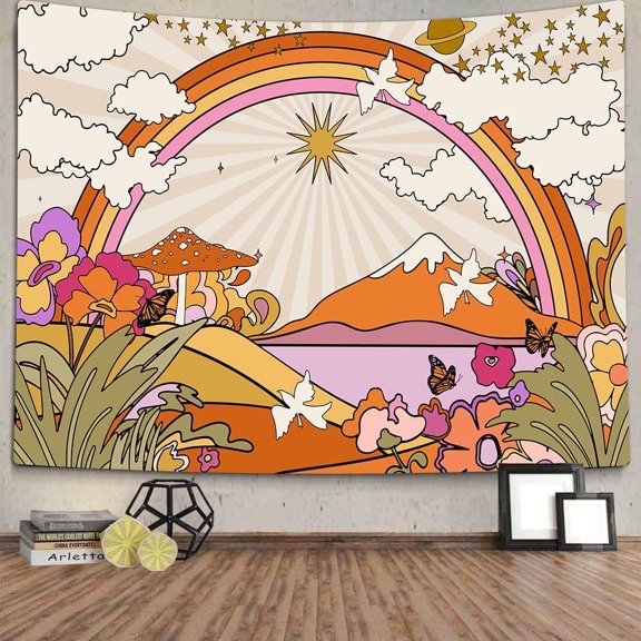 Vintage 70s 60s Groovy Tapestry, Retro Flowers Clouds Sun and Rainbow Tapestry Wall Hanging, Orange Boho Hippie Psychedelic Tapestries for Bedroom Living Room Dorm Decor