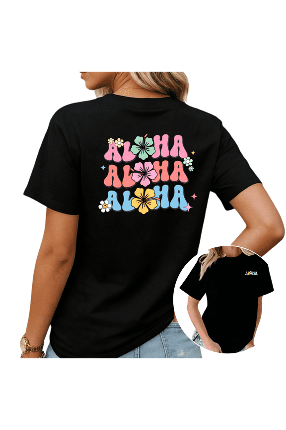 Vintage 70s Aloha Hawaii Flower Graphic Tees Womans Oversized Tshirt Tops Black/White S-5XL