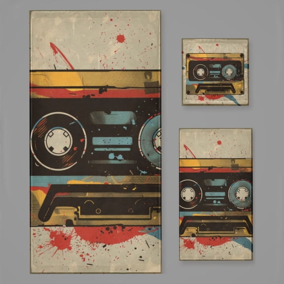 Vintage 70s Cassettes (41) Bath Towel Sets For Bathroom Hand Towels Fingertip Towels 3 Piece Soft Absorbent For Bathroom Kitchen Hotel Beach