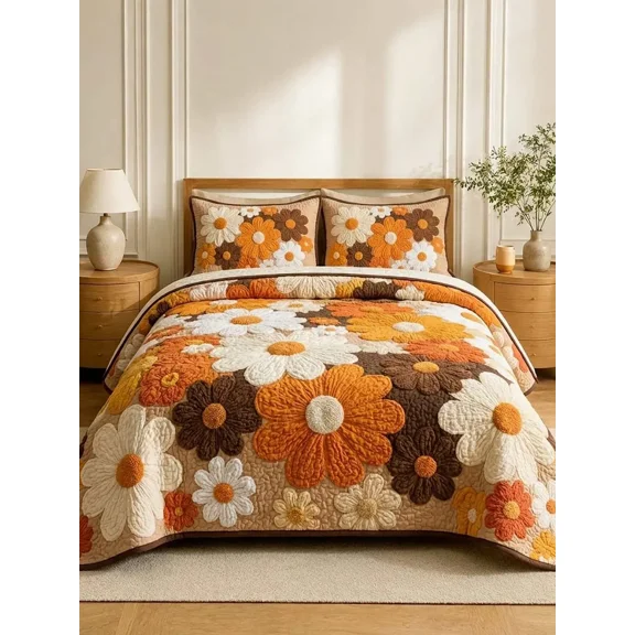 Vintage 70s Daisy Floral Earth Tones Warm Beige Quilted 3‑Piece Bedding Set