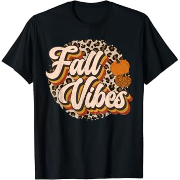 Vintage 70s Fall Vibes Leopard Pumpkin Season Retro Autumn T-Shirt