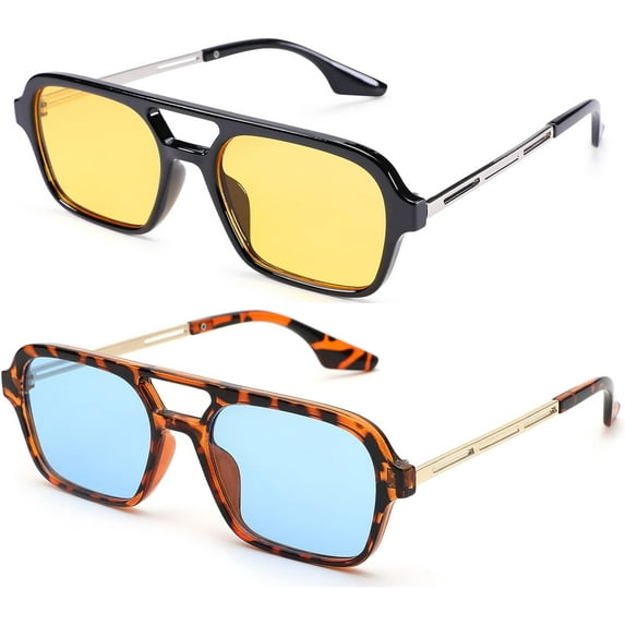 Vintage 70s Flat Aviator Small Frame Sunglasses for Women Men Square Metal Design UV400 Protection Shades