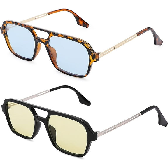 Vintage 70s Flat Aviator Small Frame Sunglasses for Women Men Square Metal Design UV400 Protection Shades