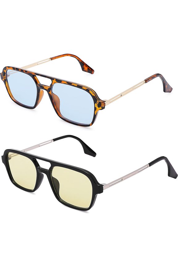 Vintage 70s Flat Aviator Small Frame Sunglasses for Women Men Square Metal Design UV400 Protection Shades