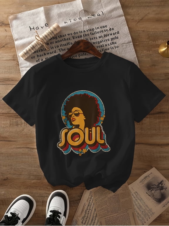 Vintage 70s Soul Pattern Print T-Shirt Summer Spring Short Sleeve Crew Neck Casual Women's Top