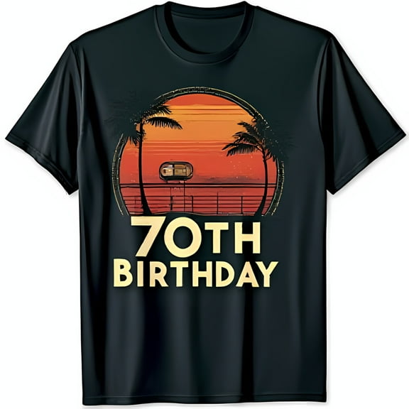 Vintage 70th Birthday Black T-Shirt with Sunset and Trees Design