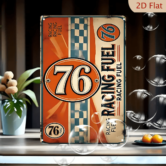 Vintage 76 Racing Fuel Metal Sign, 8x12 Inch Retro Gas Station Wall Art Decor with Distressed Finish, Blue Orange White Checkered Pattern for Garage or Man Cave