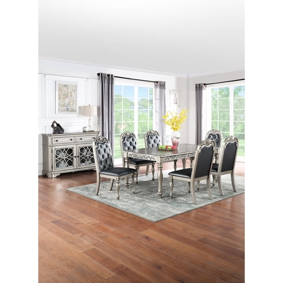 Vintage 7pc Dining : Rubberwood Table And 6 Side Chairs, Silver/grey Finish, Button Formal Rectangular With Cushioned Silver/grey,