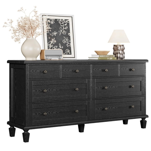 Vintage 8 Drawer Dresser for Bedroom - 59" Sturdy Wood Chest - Tapered Legs & Carved Handles - Large Storage - Distressed Finish - Ideal for Bedroom, Living Room, Entryway