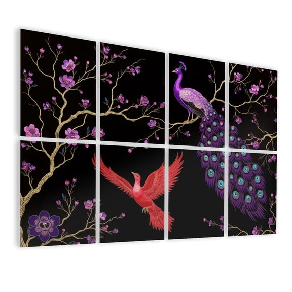 Vintage 8 Pack Art Acoustic Panels Sound Absorbing Birds Golden Floral Branches Peacock Red Style Black Decorative Soundproof Wall Panels Self Adhesive for Nursery Game Room Bedroom 48"x32"