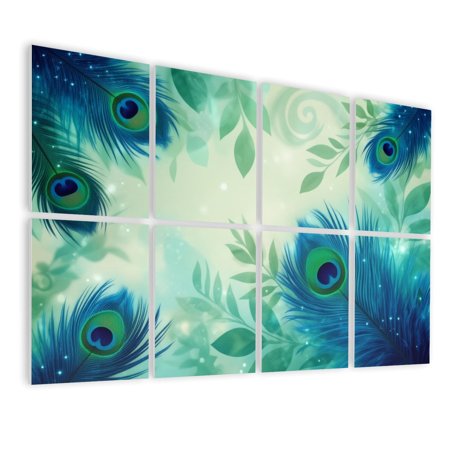 Vintage 8 Pack Art Acoustic Panels Sound Absorbing Elegant Peacock Feather Teal Blue Tones Decorative Soundproof Wall Panels Self Adhesive for Nursery Game Room Bedroom 48"x32"