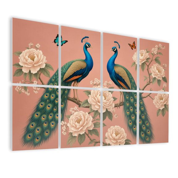 Vintage 8 Pack Art Acoustic Panels Sound Absorbing Elegant Peacock Peony Floral Vintage Botanical Style Coral Decorative Soundproof Wall Panels Self Adhesive for Nursery Game Room Bedroom 48"x32"
