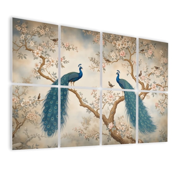 Vintage 8 Pack Art Acoustic Panels Sound Absorbing Elegant Peacocks Blossom Tree Branches Vintage Floral Decorative Soundproof Wall Panels Self Adhesive for Nursery Game Room Bedroom 48"x32"