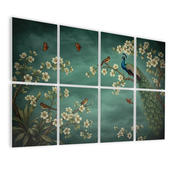 Vintage 8 Pack Art Acoustic Panels Sound Absorbing Peacock Birds Amidst Blossom Trees Butterflies Green Decorative Soundproof Wall Panels Self Adhesive for Nursery Game Room Bedroom 48"x32"
