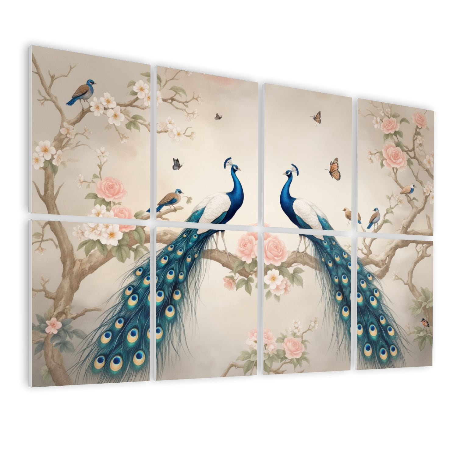 Vintage 8 Pack Art Acoustic Panels Sound Absorbing Peacock Birds Vibrant Feathers Floral Decorative Soundproof Wall Panels Self Adhesive for Nursery Game Room Bedroom 48"x32"