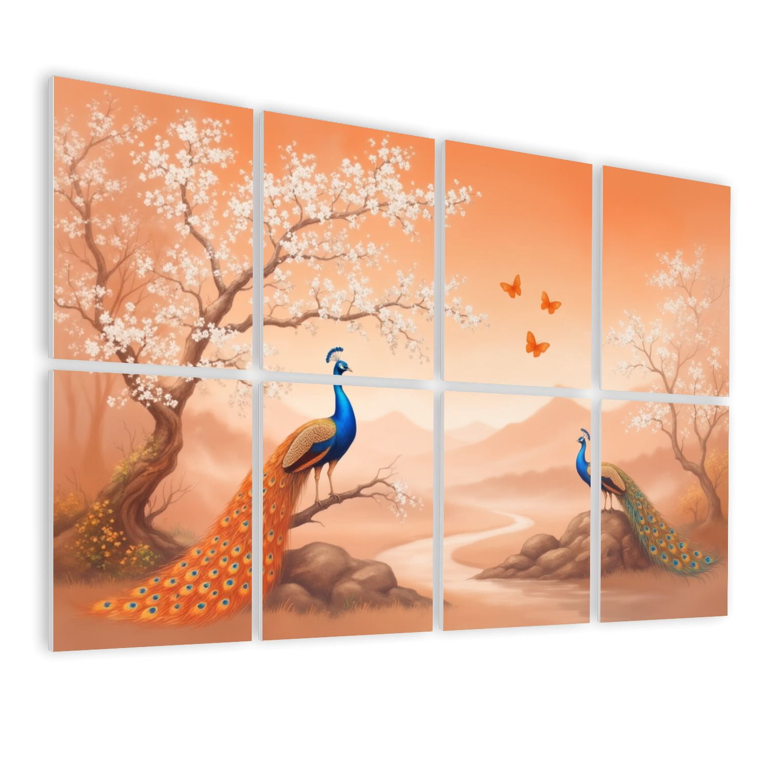 Vintage 8 Pack Art Acoustic Panels Sound Absorbing Peacocks Blossoming Trees Warm Sunset Landscape Orange Tones Decorative Soundproof Wall Panels Self Adhesive for Nursery Game Room Bedroom 48"x32"