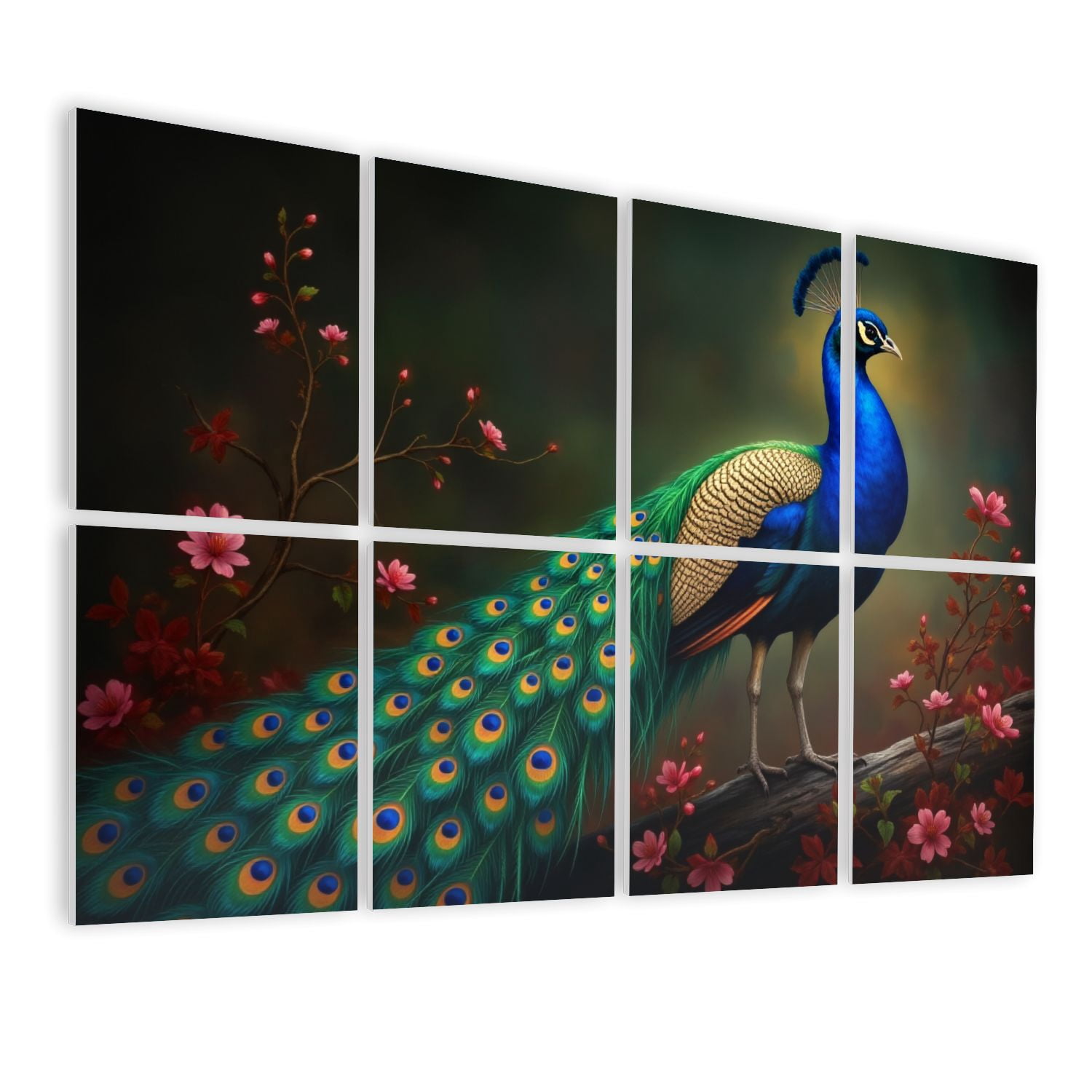Vintage 8 Pack Art Acoustic Panels Sound Absorbing Vibrant Peacock Long Feathers Amid Red Blossoms Elegant Decorative Soundproof Wall Panels Self Adhesive for Nursery Game Room Bedroom 48"x32"