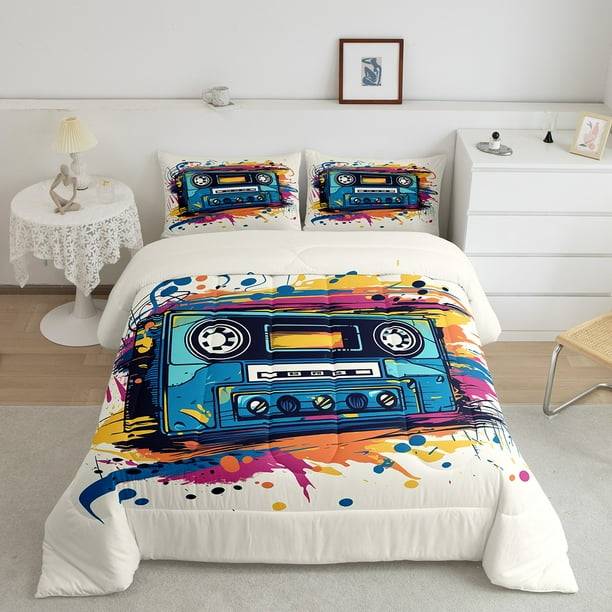 Vintage 80S 90S Music Bedding Comforter Sets for Teen Boys Hippie Box Tape Recorder Bedding Twin Hip Hop Old Fashion Style Comforter Set Colorful Tie