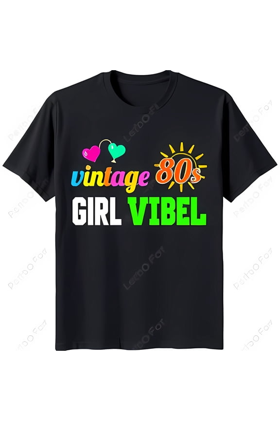 Vintage 80s Girl Vibe Black T-Shirt with Rainbow Graphic & Heart Design