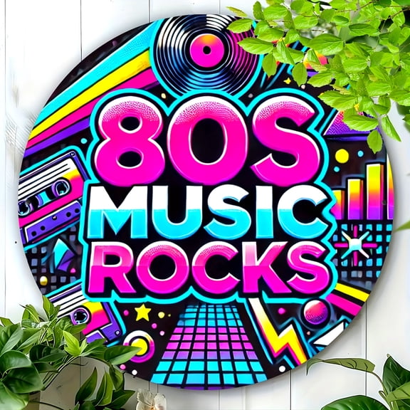 Vintage 80s Rock Music Wall Decor, Retro 80s Metal Sign with Cassette Tapes, Vinyl Records, Aluminum Round Plaque for Home, Bar, for Man Cave, Music Room, Perfect Gift for 80s Music Lover, Home Decor