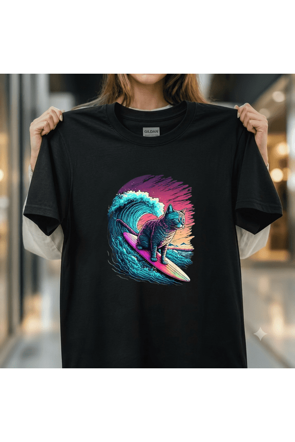 Vintage 80s Vaporwave Synthwave Retro Surfing Feline Kitten Vibe Unisex T-Shirt, up to size 5XL