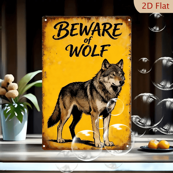 Vintage 8x12 Inch Beware of Wolf Warning Metal Tin Sign, Rustic Rusted Edges with Realistic Wolf Illustration, Distressed Yellow Background Wall Art for Cabin Decor
