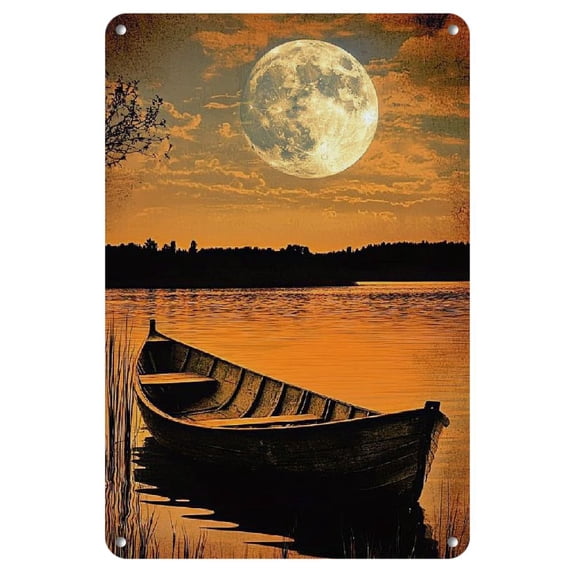 Vintage 8x12 Inch Iron Wall Art - Serene Lake & Moon Scene, Rustic Twilight Colors - Distressed Metal Hanging Decor for Home, Office, Living Room, Bathroom, Garage - Ideal for Bars, Cafes