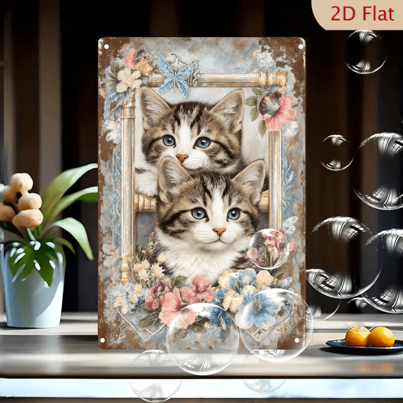 Vintage 8x12 Inch Metal Wall Art, Adorable Tabby Kittens with Blue Eyes in Ornate Gold Frame, Floral Roses Hydrangeas Butterfly, Shabby Chic Antique Style Home Decor for Living Room Nursery