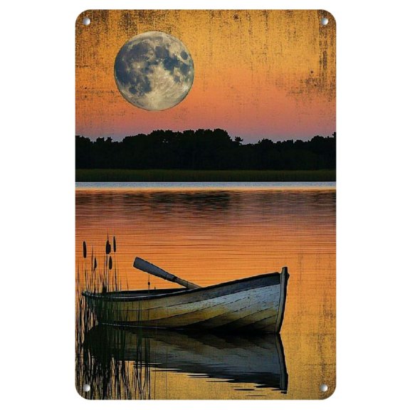 Vintage 8x12 Inch Tin Sign - Serene Lake & Moon Reflection, Retro Metal Wall Art for Home & Office Decor, Ideal Festive Gift, Frameless Iron Plaque, Holiday Art, Hanging