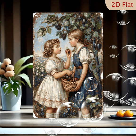 Vintage 8x12 Inch Tin Sign, Two Girls Picking Plums in Orchard, Distressed Retro Lithograph Art, Pastoral Wall Decor for Kitchen or Home