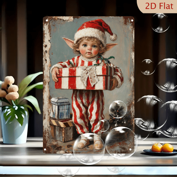 Vintage 8x12 Inches Metal Wall Art, Elf Child in Red Striped Outfit Holding Christmas Gift with Decorated Tree, Distressed Rust Frame, Nostalgic Painterly Holiday Portrait for Home Decor