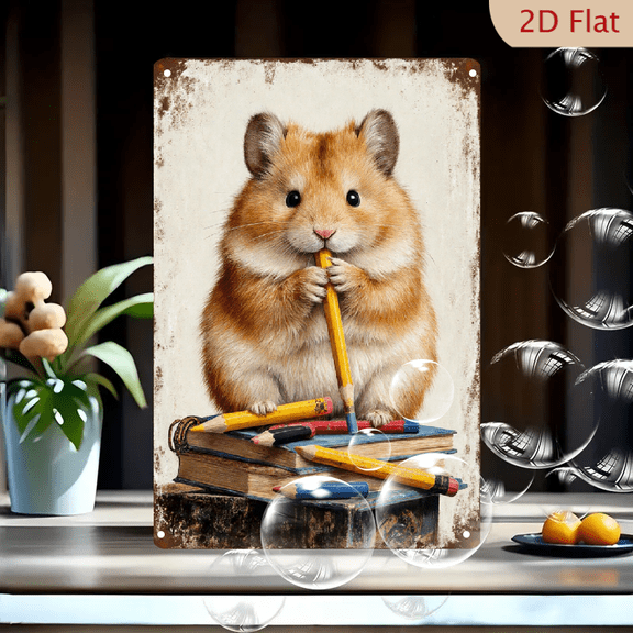 Vintage 8x12 Inches Metal Wall Art, Fluffy Golden Hamster with Pencil Behind Old Books, Nostalgic Retro Decor for Home Office Living Room, Durable Rust-Free Steel Picture