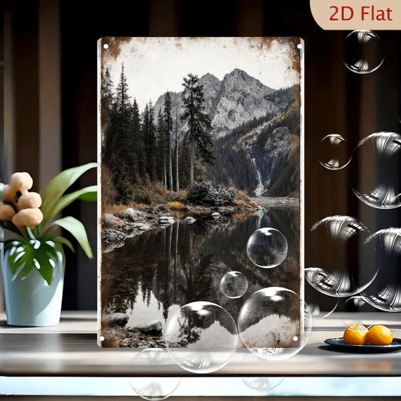 Vintage 8x12 Inches Metal Wall Art, Serene Mountain Landscape with Waterfall and Lake Reflection, Rustic Sepia Toned Nature Scene for Living Room Decor