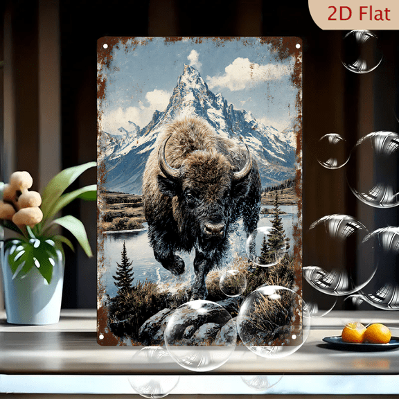 Vintage 8x12in Rustic Bison Running Metal Wall Art, Wild Nature Landscape with Snow Mountain and Lake, Rugged Wildlife Decor for Cabin Lodge