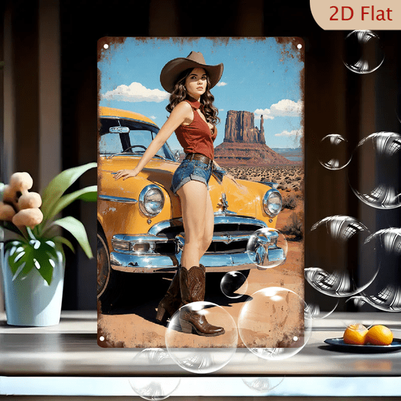 Vintage 8x12inches Metal Wall Art, Retro Desert Scene with Woman in Cowboy Hat and 1950s Yellow Car, Monument Valley Background, Rustic Western Pin-Up Style Decor for Home Office