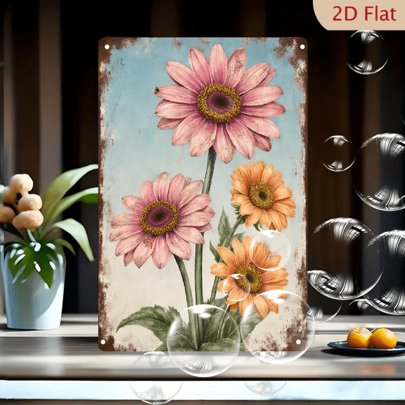 Vintage 8x12inches Metal Wall Art, Rustic Floral Print with Pink and Orange Daisies on Weathered Background, Distressed Old Sign Style Decor for Farmhouse Home