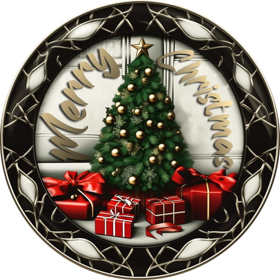 8x8 Inch Round Tin Metal Sign Festive Christmas Tree with Gift Boxes Merry Christmas Wall Art for Home Decor Bedroom Door Decor - Great Gift for Friend