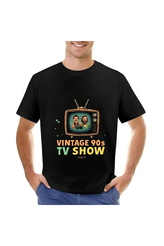 Vintage 90 ' s TV Show Cotton Short Sleeve T-Shirt for Men - Retro TV Design with Smiling Characters and Colorful Text