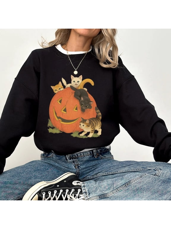 Vintage 90s Cat & Jack-o‘-Lantern Graphic Sweatshirt for Women, Retro Halloween Crewneck Pullover
