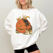 Vintage 90s Cat & Jack-o -Lantern Graphic Sweatshirt for Women, Retro Halloween Crewneck Pullover