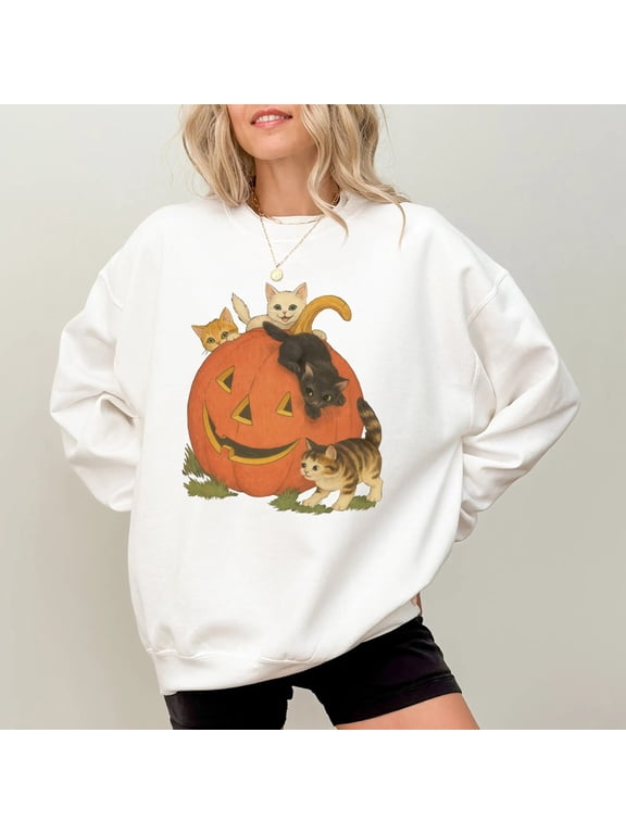 Vintage 90s Cat & Jack-o‘-Lantern Graphic Sweatshirt for Women, Retro Halloween Crewneck Pullover