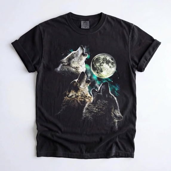 Vintage 90s Howling Wolves Graphic T-Shirt, Retro Grey Wolf Full Moon Wildlife Nature Tee