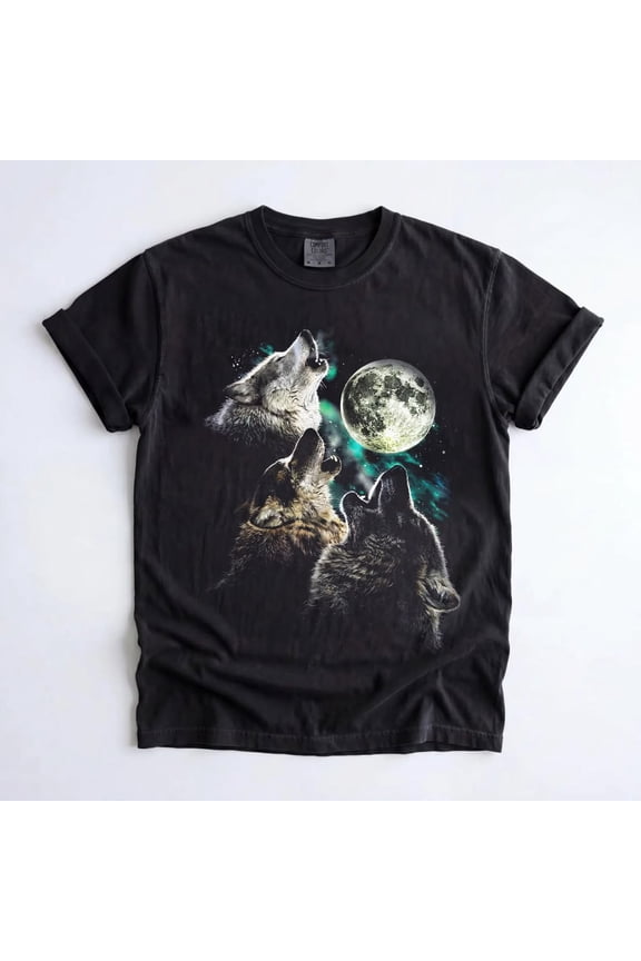 Vintage 90s Howling Wolves Graphic T-Shirt, Retro Grey Wolf Full Moon Wildlife Nature Tee