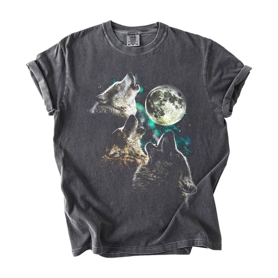 Vintage 90s Howling Wolves Graphic T-Shirt, Retro Grey Wolf Full Moon Wildlife Nature Tee