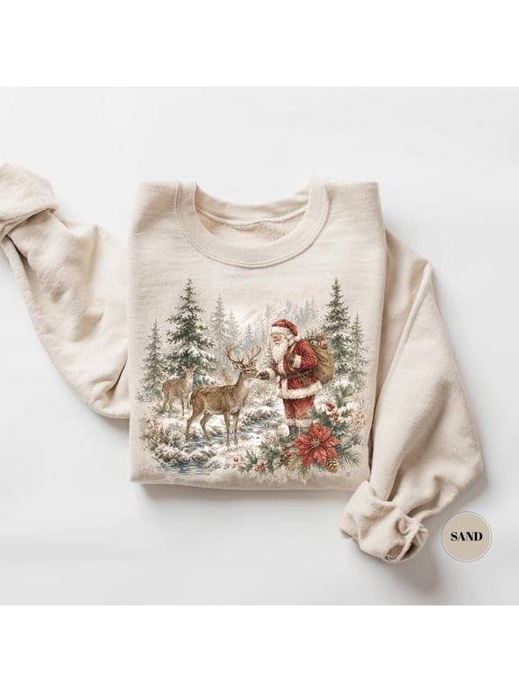 Vintage 90s Santa & Deer Sweatshirt, Christmas Deer Crewneck, Winter Forest Pullover, Sizes S-5XL