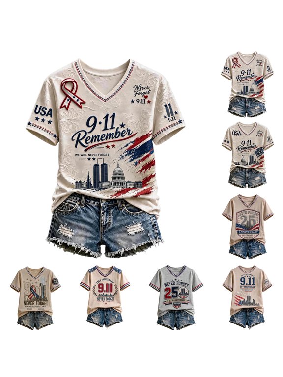 Vintage 911 25TH Anniversary Tshirt for Women Memorial We Will Never Forget American Flag Honor Faith Tee Tops