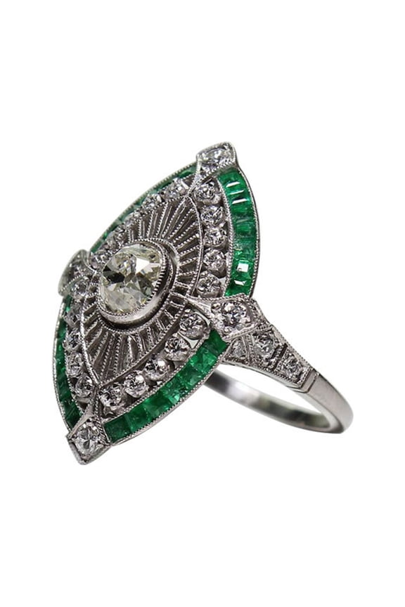 Vintage 925 Sterling Silver Emerald Ring Cocktail Rings Oval Cut Green Gem Cubic Zirconia Anniversary Promise Ring CZ Eternity Engagement Wedding Band Ring for Women