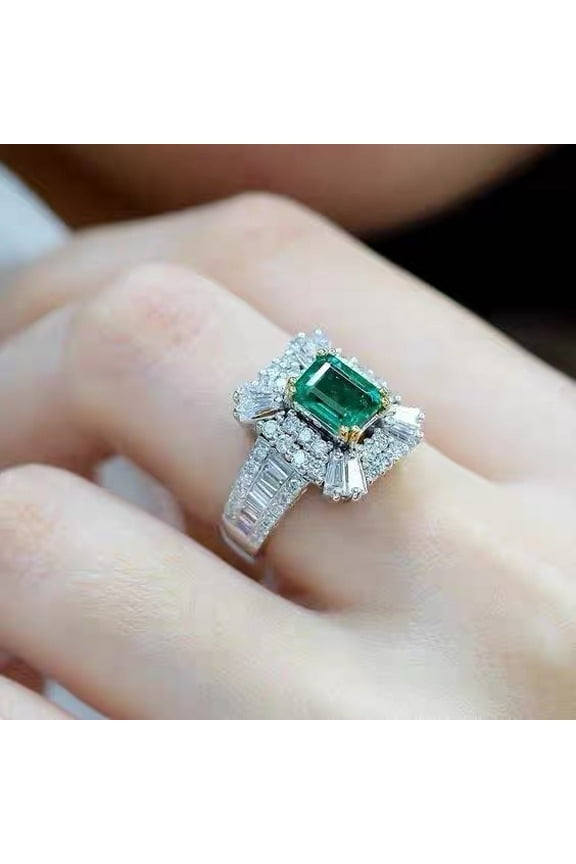 Vintage 925 Sterling Silver Emerald Ring Cocktail Rings Square Cut Green Gem Cubic Zirconia Anniversary Promise Ring Eternity Engagement Wedding Band Ring for Women