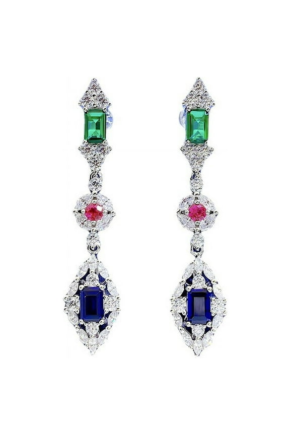 Vintage 925 Sterling Silver Lab Sapphire Ruby Emerald High Carbon Diamonds Gemstone Dangle Earrings Studs Fine Jewelry
